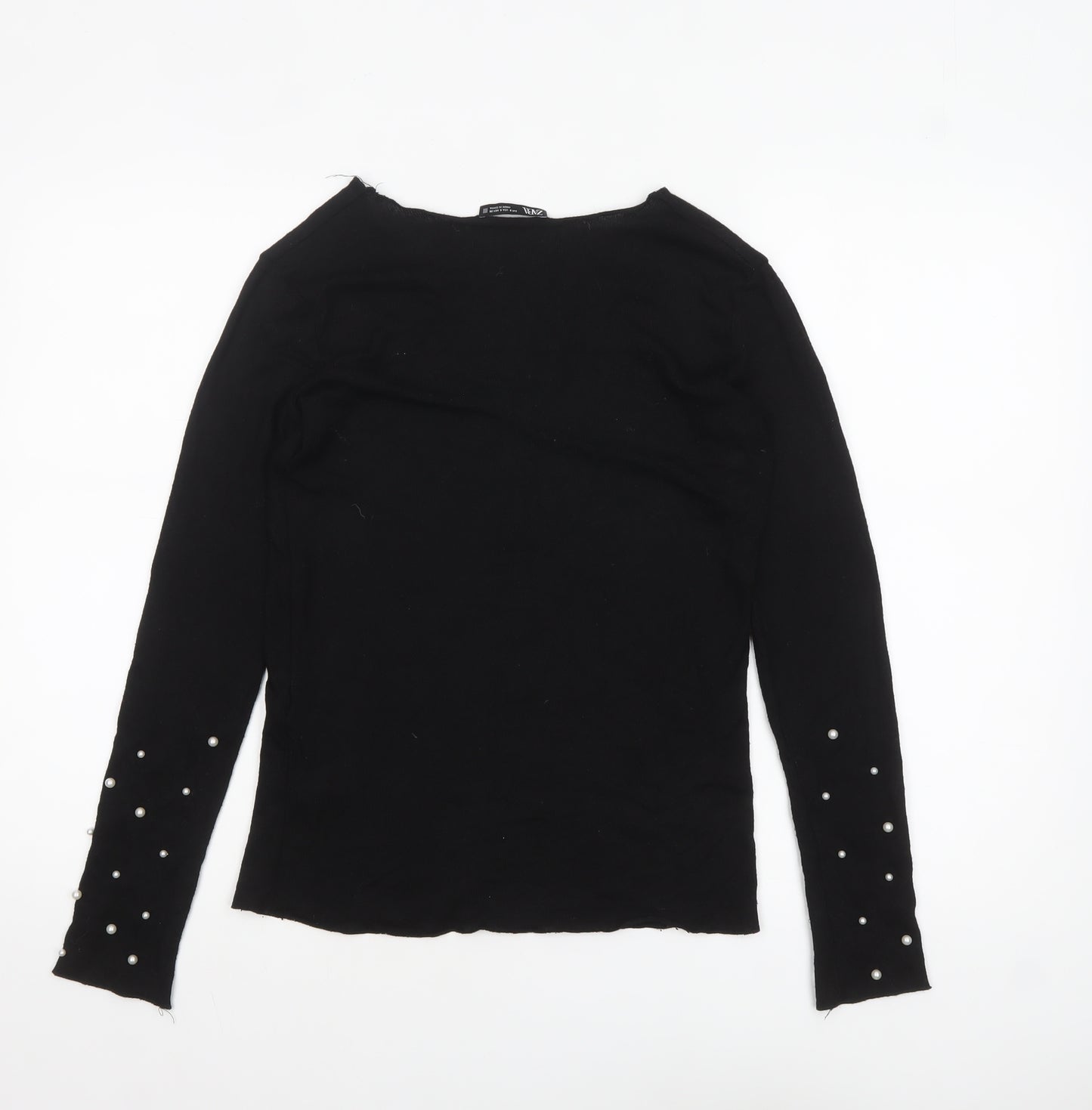 Zara Women Black Viscose Beaded Sleeve V-Neck Jumper Size S