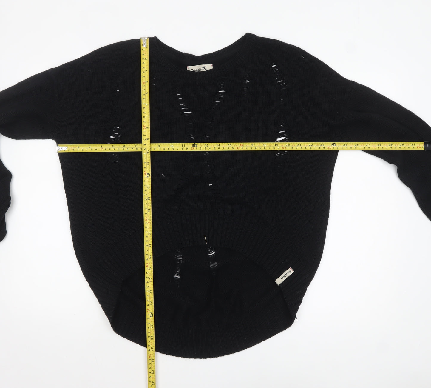 Twisted Muse Womens Black Cotton Distressed Knit Pullover Jumper M
