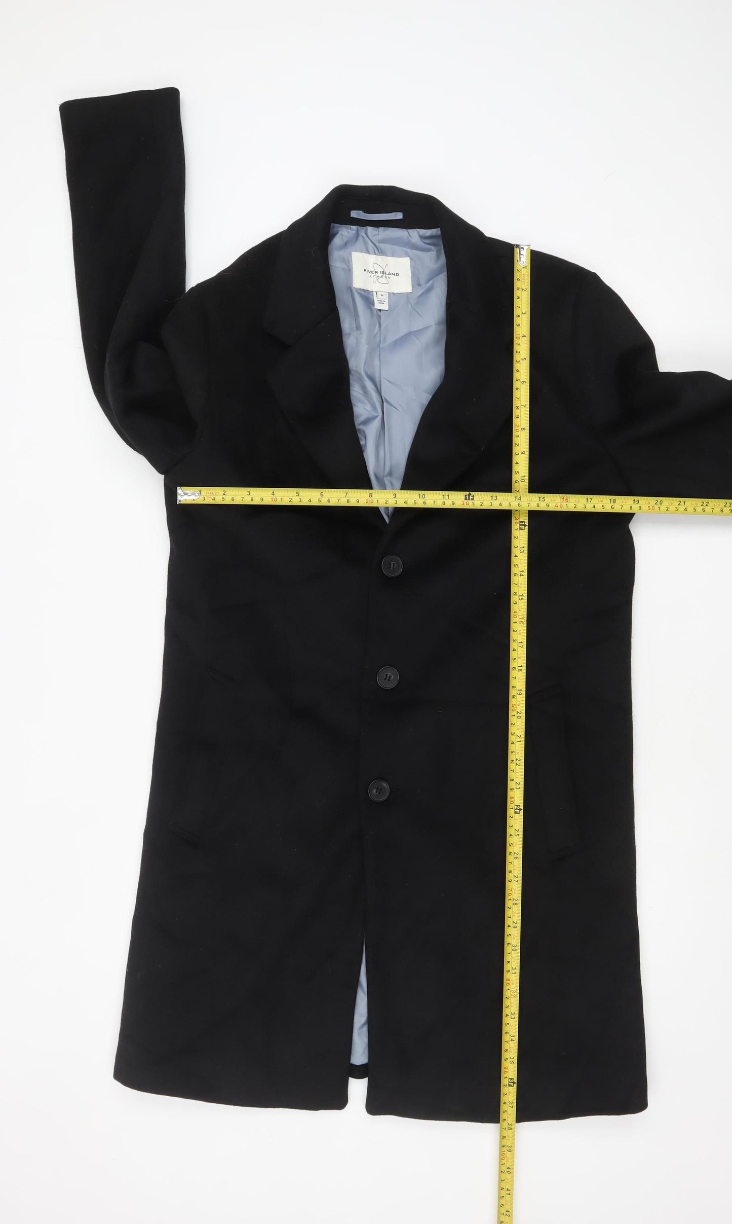 River Island Men's Black Wool Blend Overcoat M Smart Formal