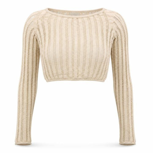 Urban Outfitters Women Beige Cropped Knit Long Sleeve Blouse XS