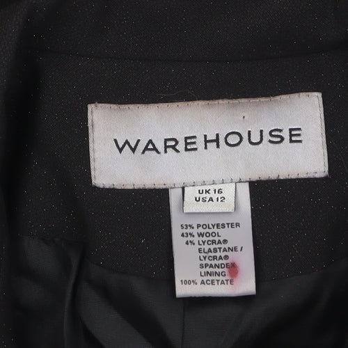 Warehouse Women Black Wool Blend Single-Breasted Blazer UK 16