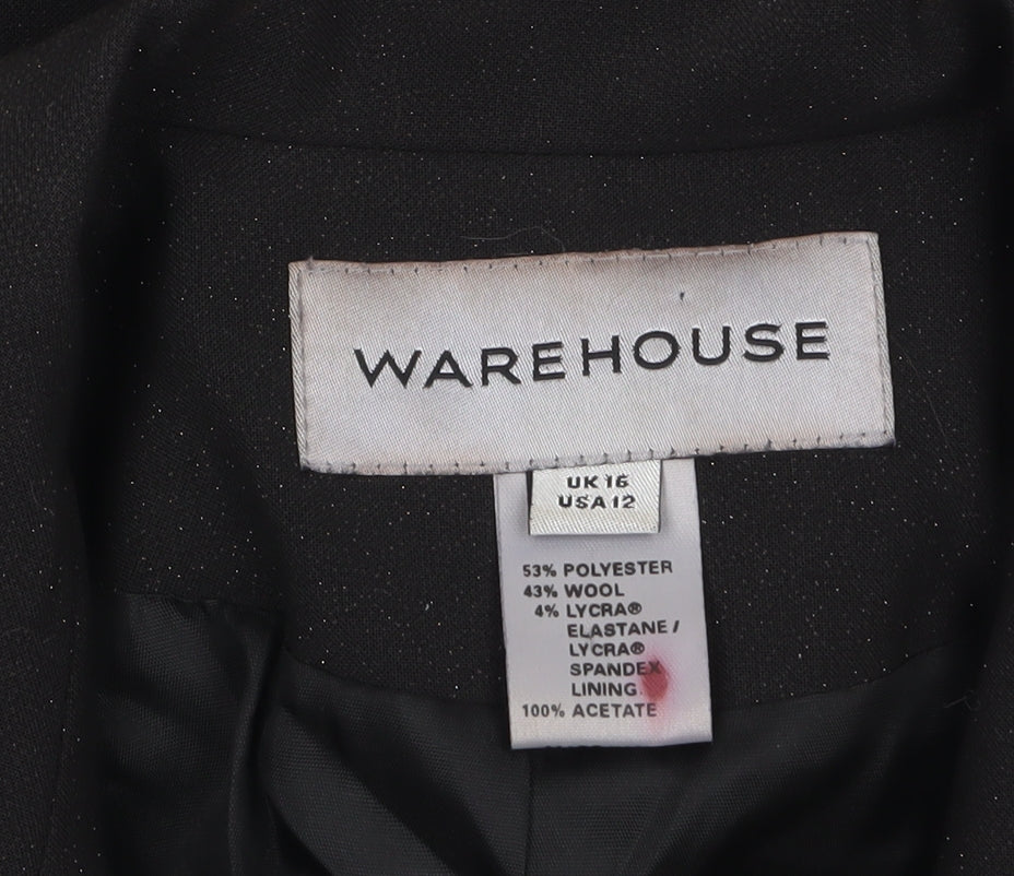 Warehouse Women Black Wool Blend Single-Breasted Blazer UK 16