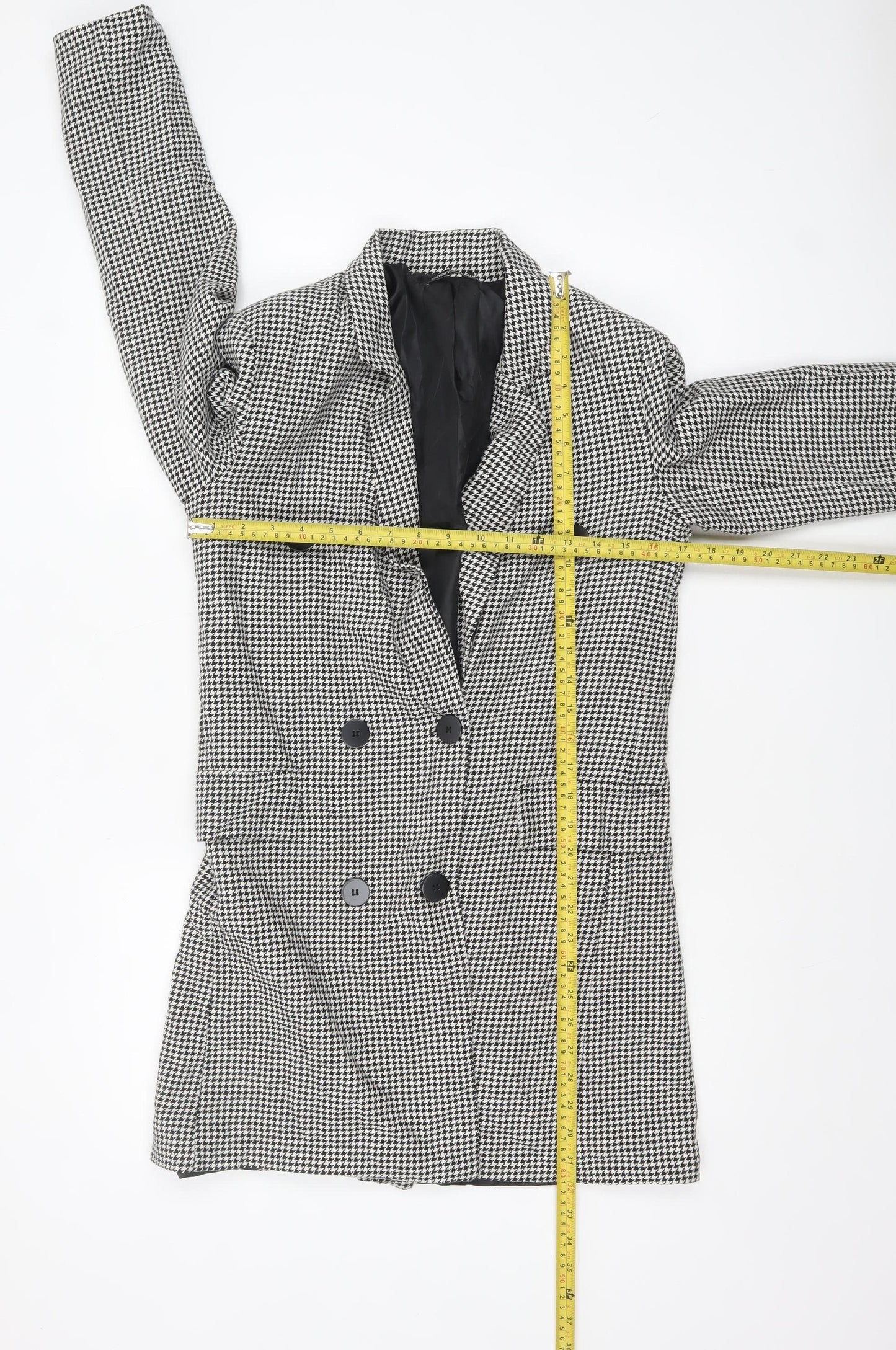 boohoo Women Black Houndstooth Double-Breasted Blazer Size 10
