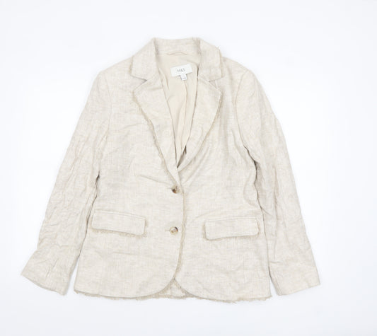 Marks and Spencer Women Beige Linen Blend Single-Breasted Blazer Size 8