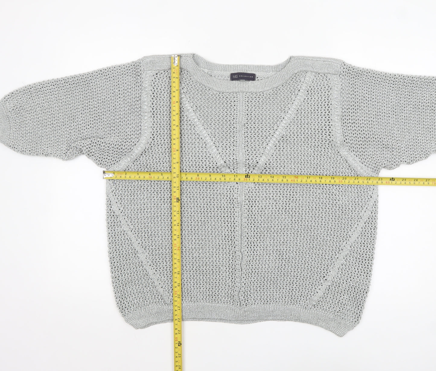 Marks and Spencer Women Silver Open-Knit 3/4 Sleeve Pullover Jumper Size 20