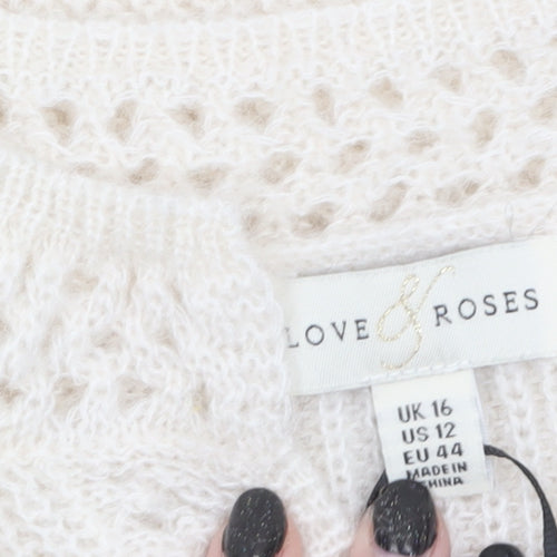 Love & Roses Women’s Ivory V-Neck Cable-Knit Jumper Size 16