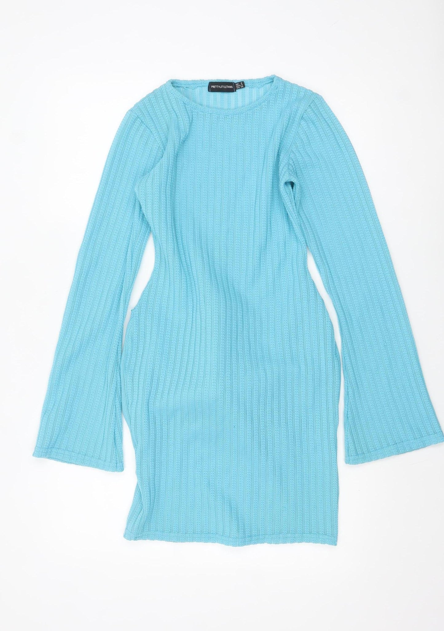 PrettyLittleThing Women's Blue Ribbed Bodycon Knit Dress Size 8