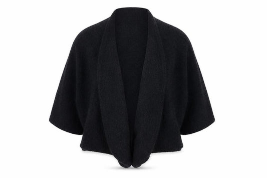 Front view of Evelin Brandt Women Black Wool Cardigan, size 12, Relaxed Fit