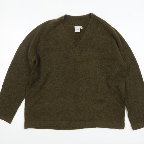 ICHI Women Green V-Neck Long Sleeve Pullover Jumper Size L