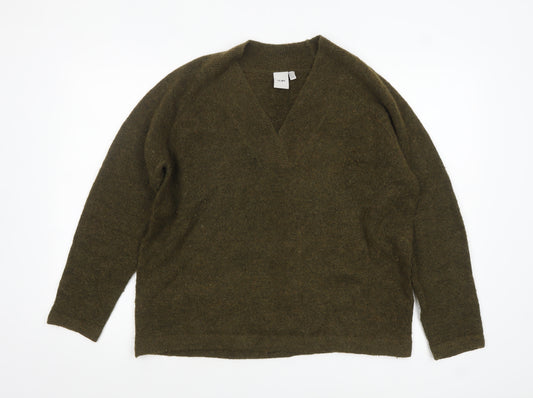 ICHI Women Green V-Neck Long Sleeve Pullover Jumper Size L