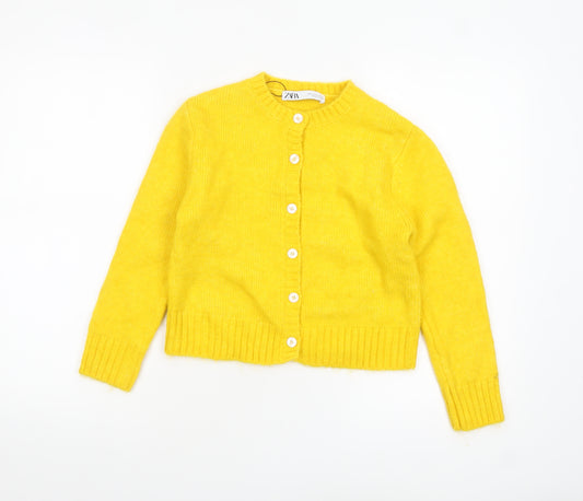 ZARA Women’s Yellow Knit Cardigan Size S Crew Neck Button Up