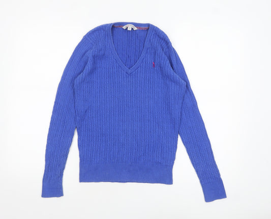 Crew Clothing Co. Women's Blue Cotton Cable Knit V-Neck Jumper Size 12