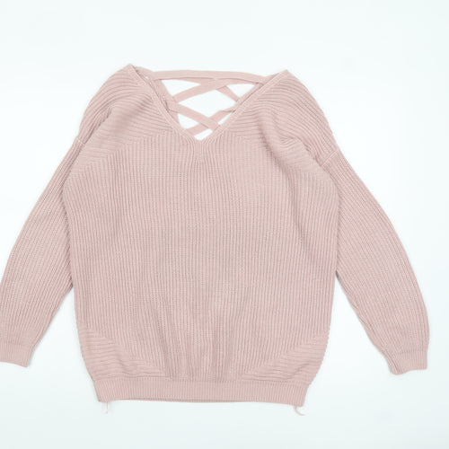 Next Womens Pink Acrylic V-Neck Lace Up Chunky Knit Jumper Size 10