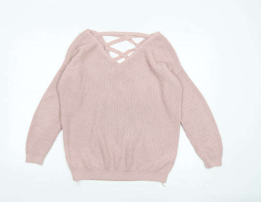 Next Womens Pink Acrylic V-Neck Lace Up Chunky Knit Jumper Size 10