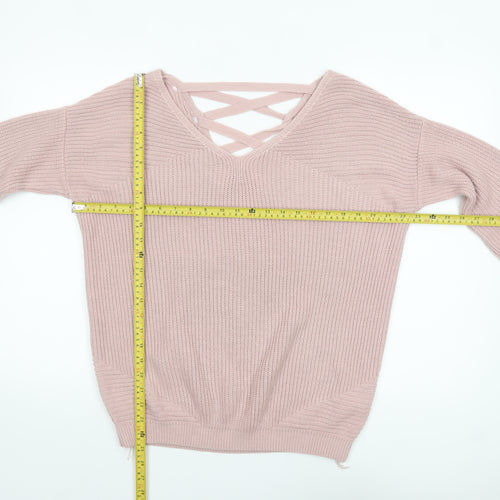 Next Womens Pink Acrylic V-Neck Lace Up Chunky Knit Jumper Size 10