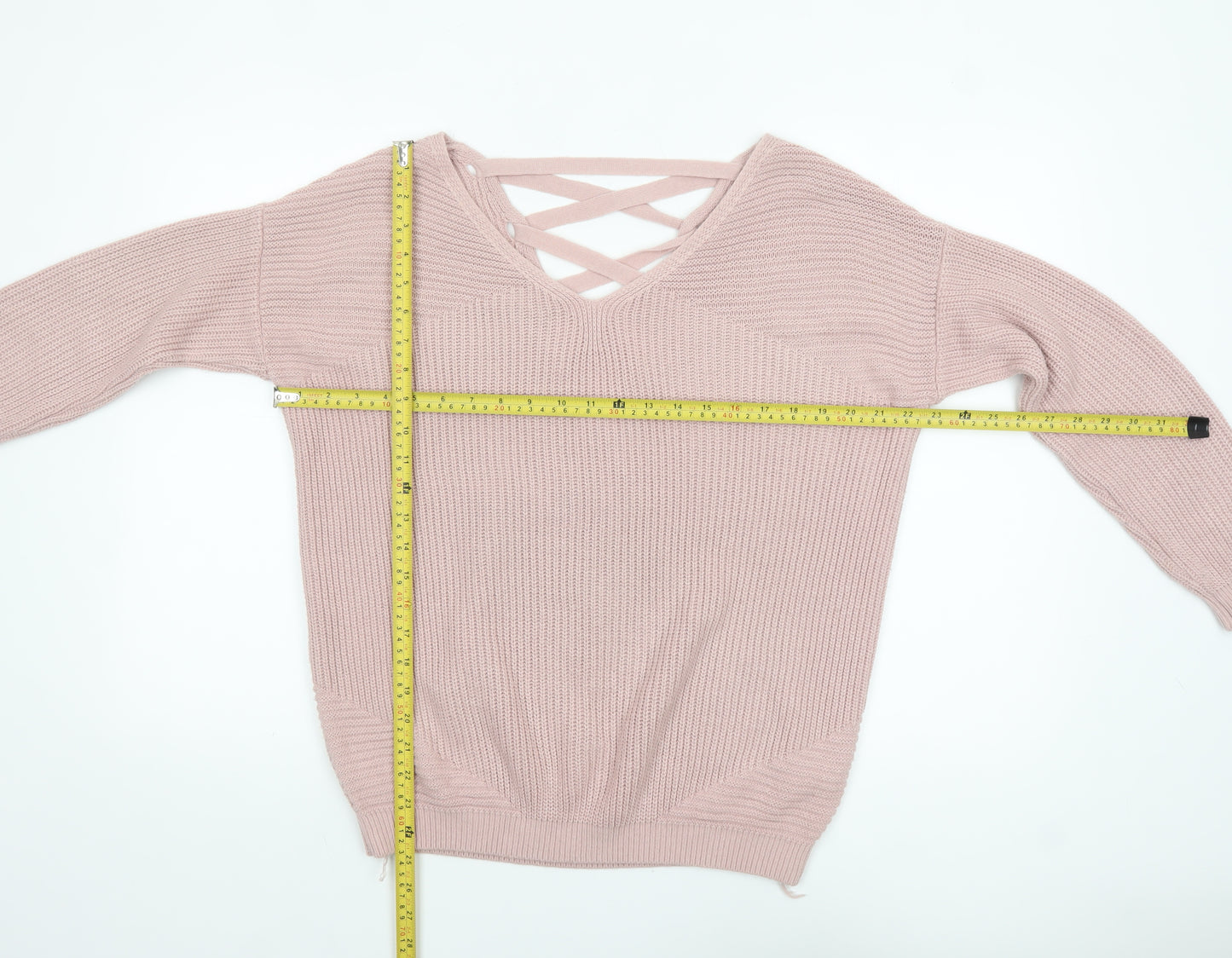 Next Womens Pink Acrylic V-Neck Lace Up Chunky Knit Jumper Size 10