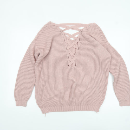 Next Womens Pink Acrylic V-Neck Lace Up Chunky Knit Jumper Size 10