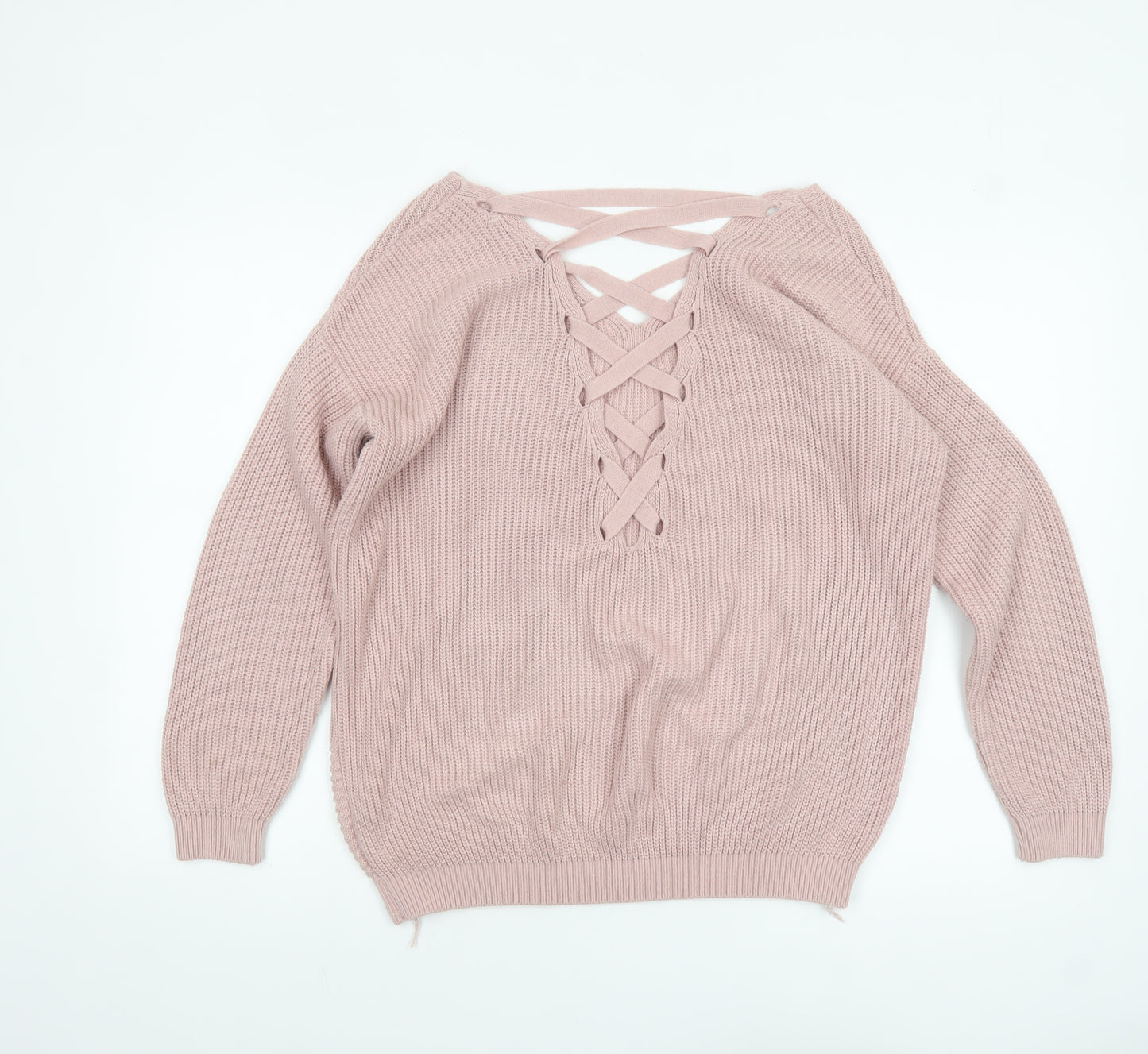 Next Womens Pink Acrylic V-Neck Lace Up Chunky Knit Jumper Size 10