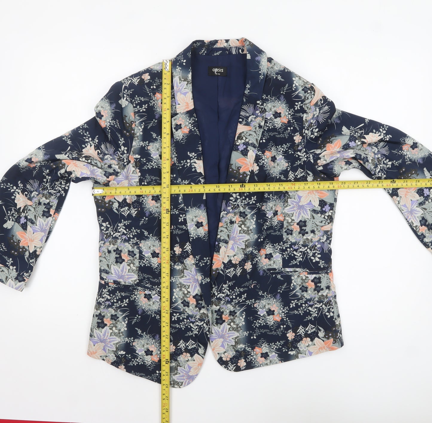 Oasis Women Navy Floral Blazer Jacket Size 16 Regular Polyester