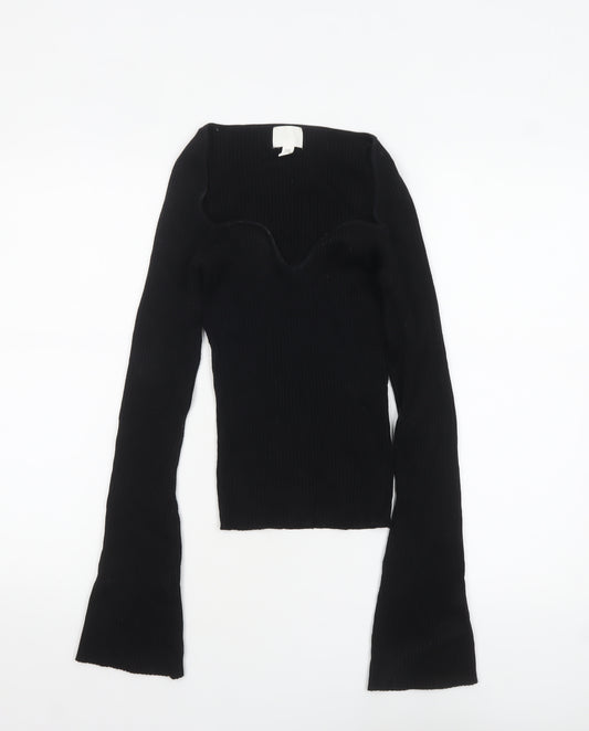H&M Women’s Black Sweetheart Neck Ribbed Knit Jumper Size M