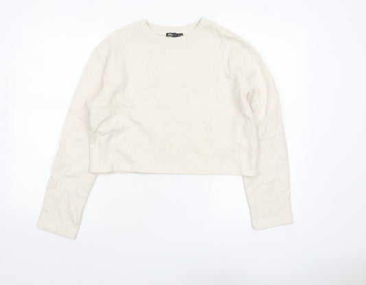 ZARA Women Ivory Cropped Knit Long Sleeve Top Size M