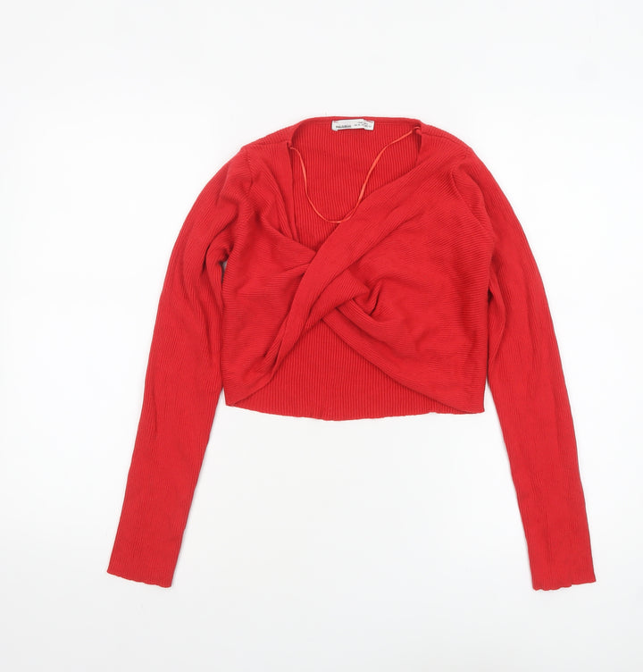 Pull&Bear Women Red Cropped V-Neck Long Sleeve Knit Top Size L