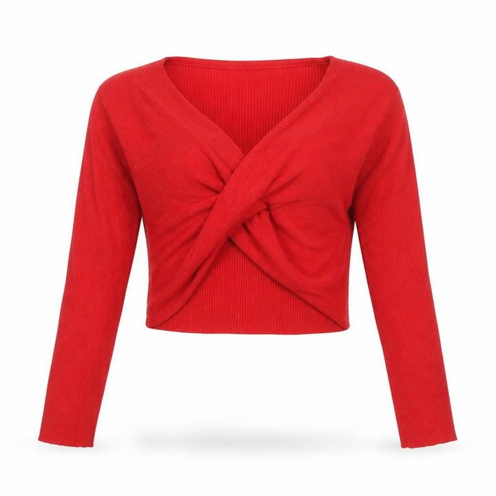 Pull&Bear Women Red Cropped V-Neck Long Sleeve Knit Top Size L