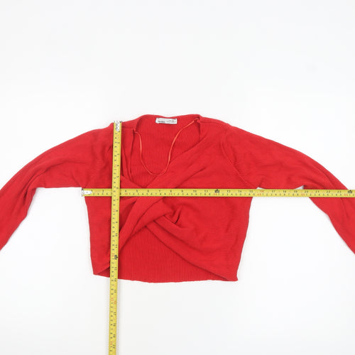 Pull&Bear Women Red Cropped V-Neck Long Sleeve Knit Top Size L