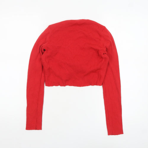 Pull&Bear Women Red Cropped V-Neck Long Sleeve Knit Top Size L