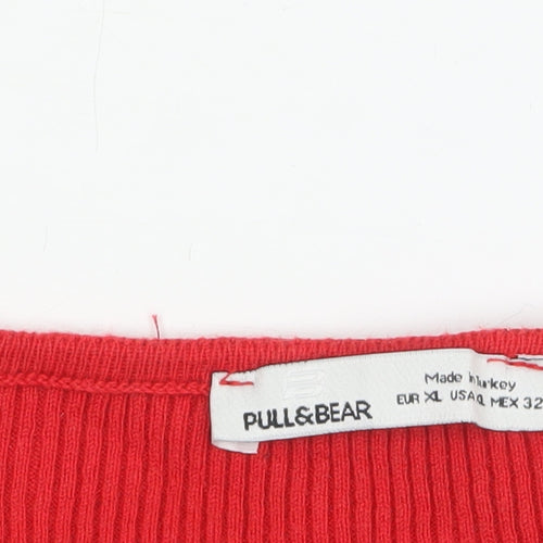 Pull&Bear Women Red Cropped V-Neck Long Sleeve Knit Top Size L