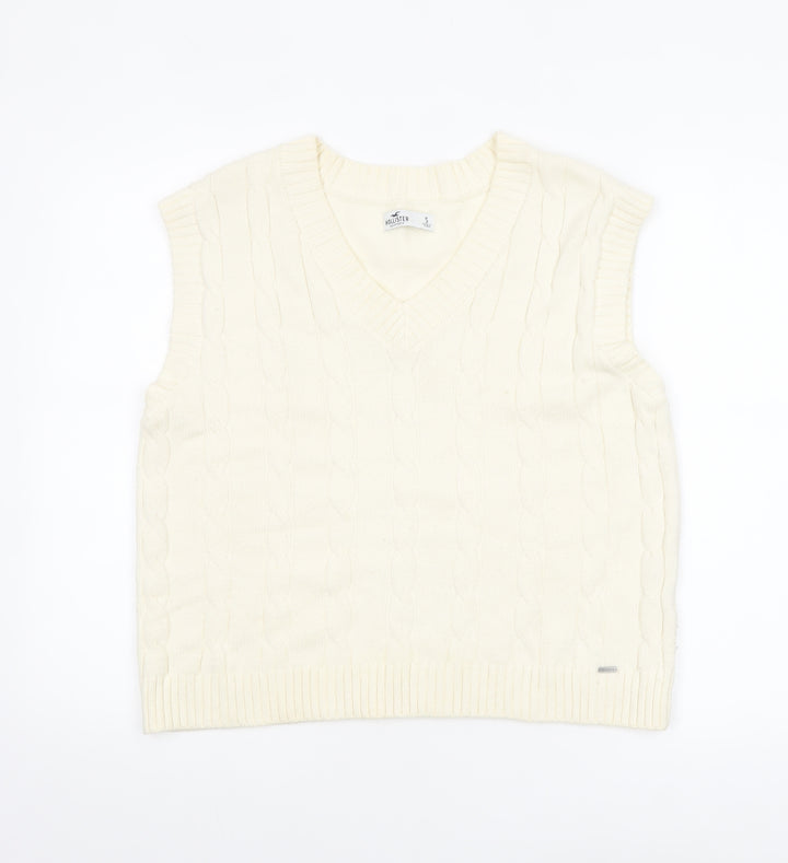 Hollister Women Ivory Cable-Knit Cotton Sleeveless V-Neck Vest S