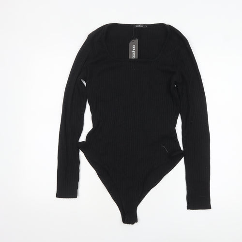 boohoo Women's Black Long Sleeve Ribbed Knit Bodysuit Size L