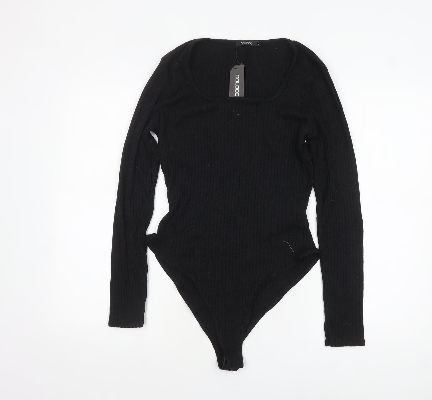 boohoo Women's Black Long Sleeve Ribbed Knit Bodysuit Size L