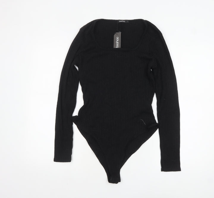 boohoo Women's Black Long Sleeve Ribbed Knit Bodysuit Size L