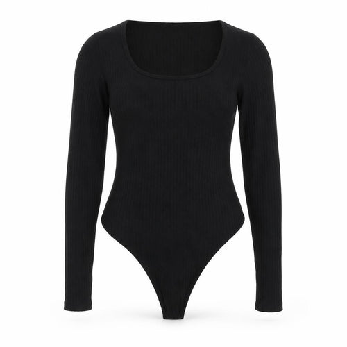 boohoo Women's Black Long Sleeve Ribbed Knit Bodysuit Size L