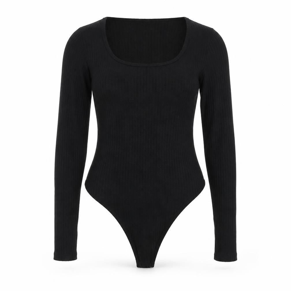 boohoo Women's Black Long Sleeve Ribbed Knit Bodysuit Size L