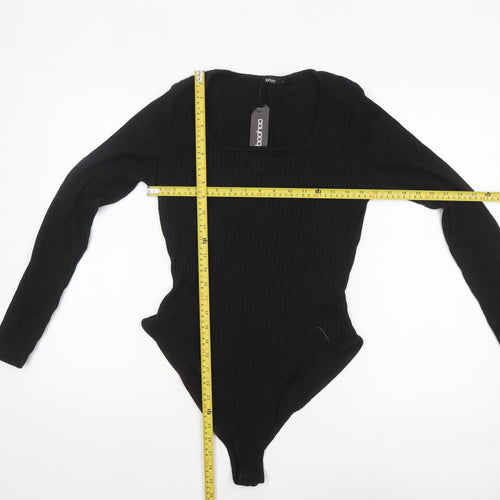 boohoo Women's Black Long Sleeve Ribbed Knit Bodysuit Size L