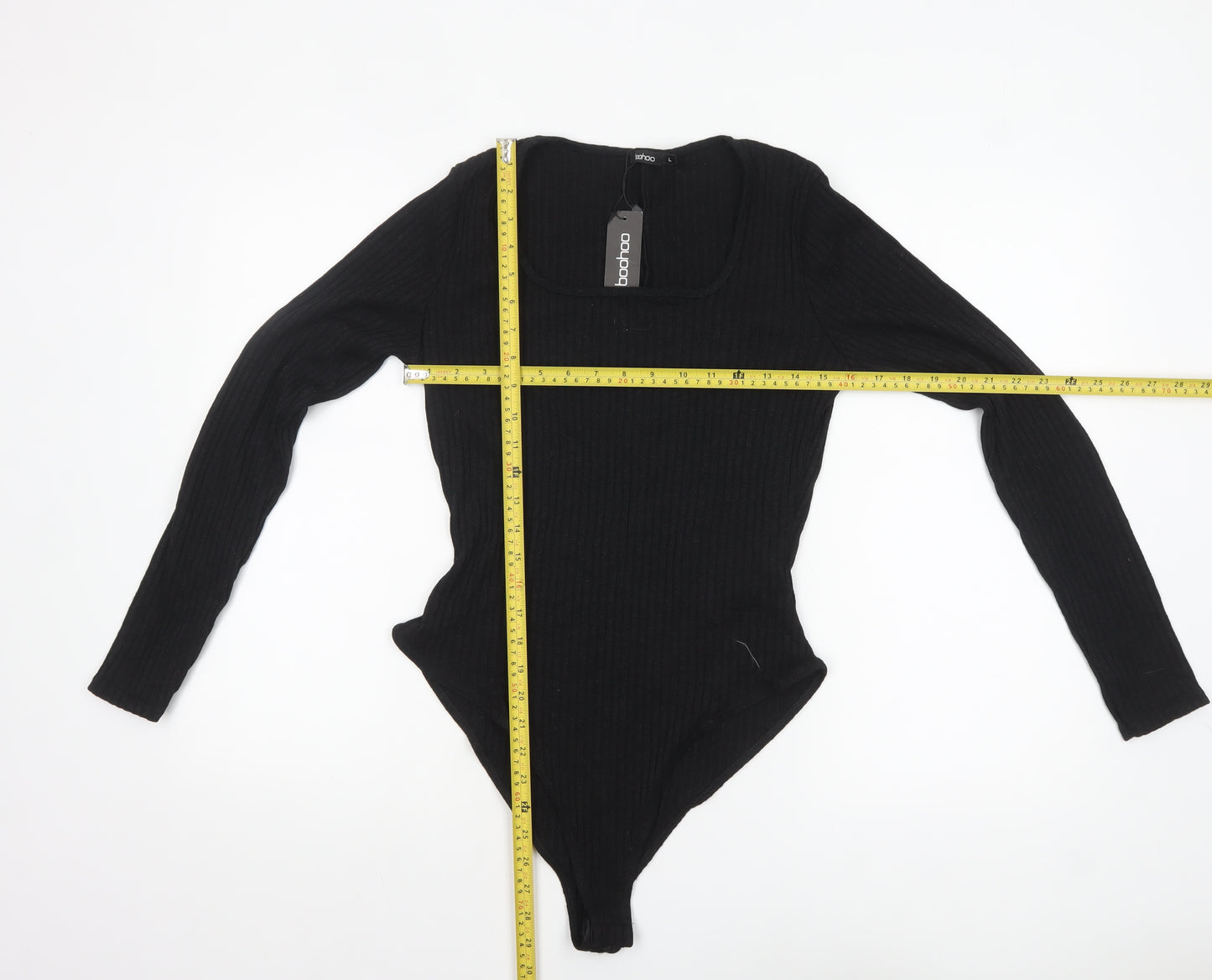 boohoo Women's Black Long Sleeve Ribbed Knit Bodysuit Size L