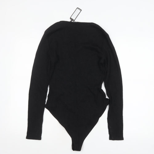 boohoo Women's Black Long Sleeve Ribbed Knit Bodysuit Size L