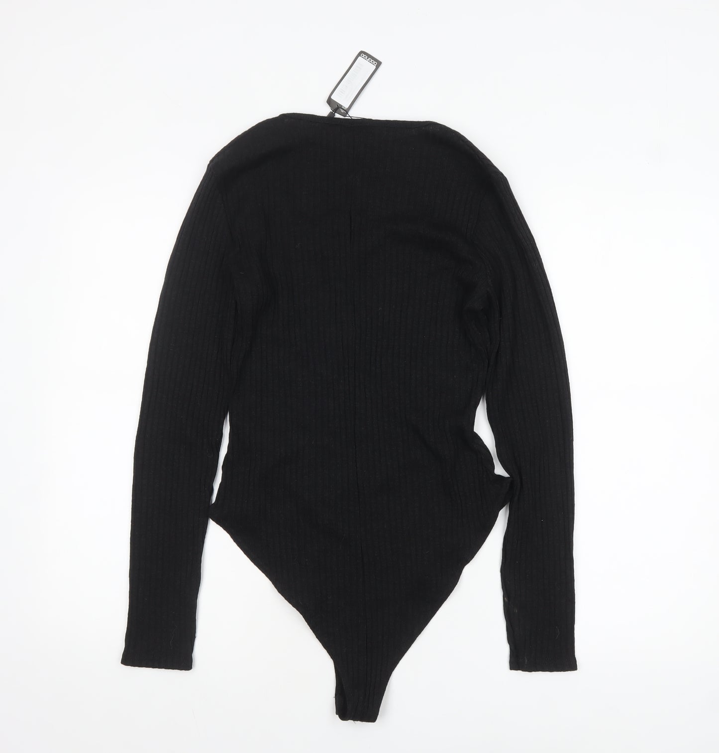 boohoo Women's Black Long Sleeve Ribbed Knit Bodysuit Size L