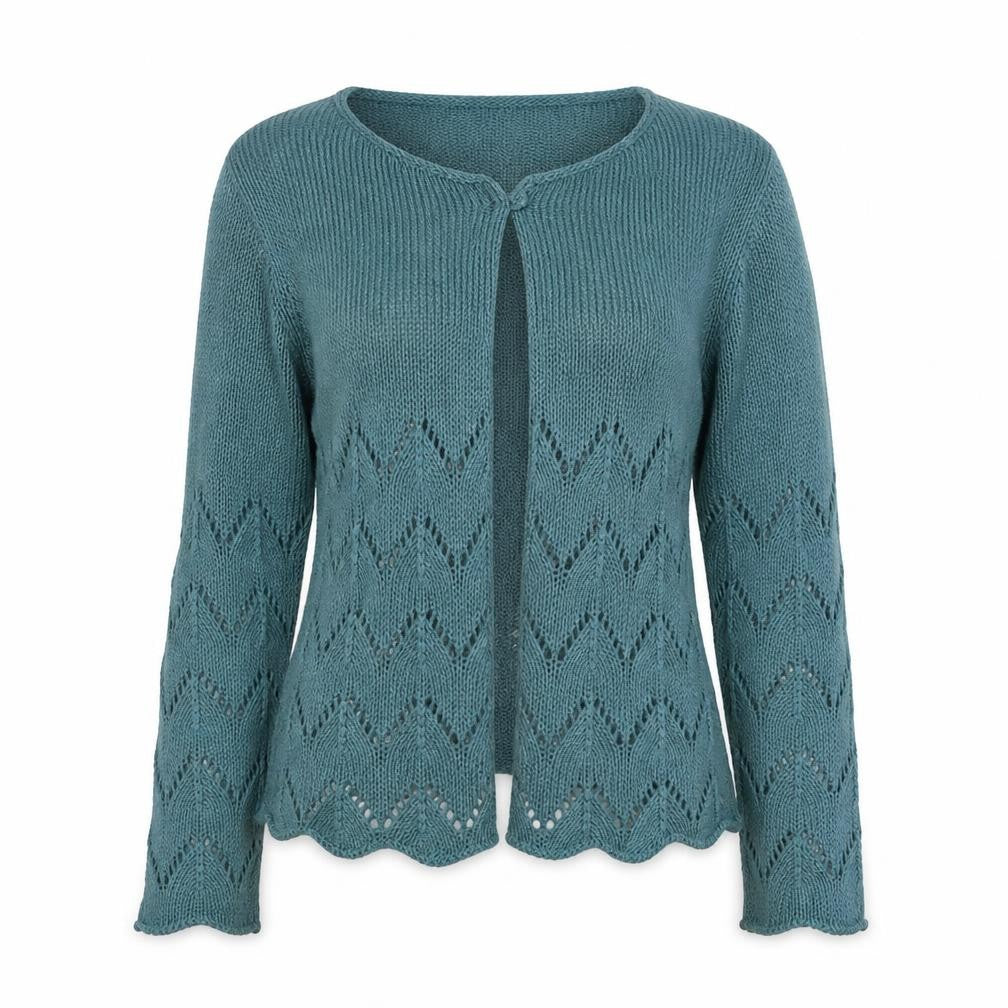 Front view of M&Co Petite Women's Green Open-Knit Cardigan, size 12
