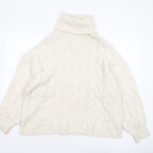 Stradivarius Women Ivory Cable-Knit Roll Neck Jumper Size 12