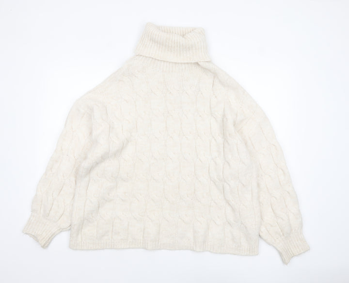 Stradivarius Women Ivory Cable-Knit Roll Neck Jumper Size 12