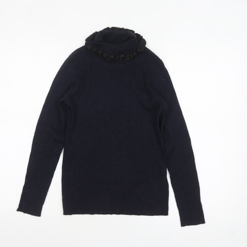 Claudie Pierlot Women Blue Wool Roll Neck Ruffle Jumper Size 12