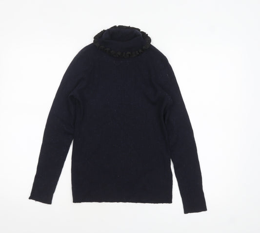 Claudie Pierlot Women Blue Wool Roll Neck Ruffle Jumper Size 12