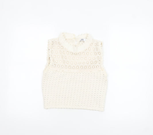 Zara Women Ivory Crochet Lace Sleeveless High Neck Camisole Top M