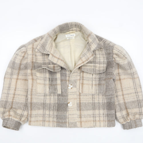 Native Youth Women Beige Checked Wool Cropped Bomber Jacket XS