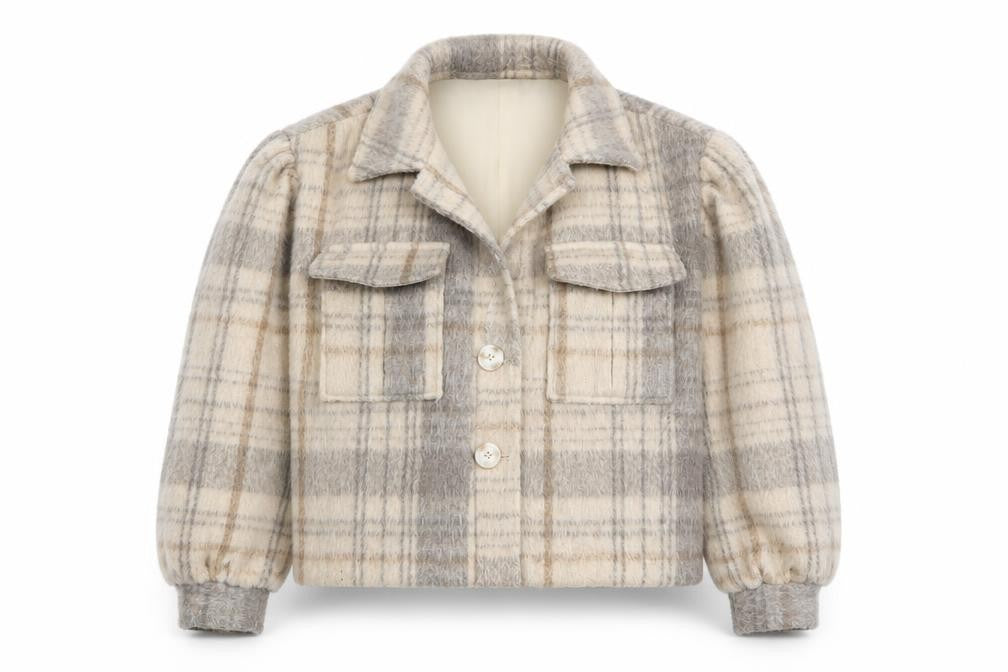 Front view of Native Youth Women Beige Checked Wool Cropped Bomber Jacket XS