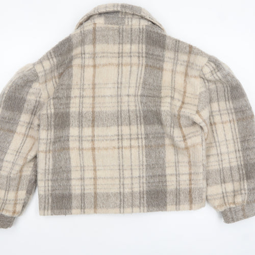 Native Youth Women Beige Checked Wool Cropped Bomber Jacket XS