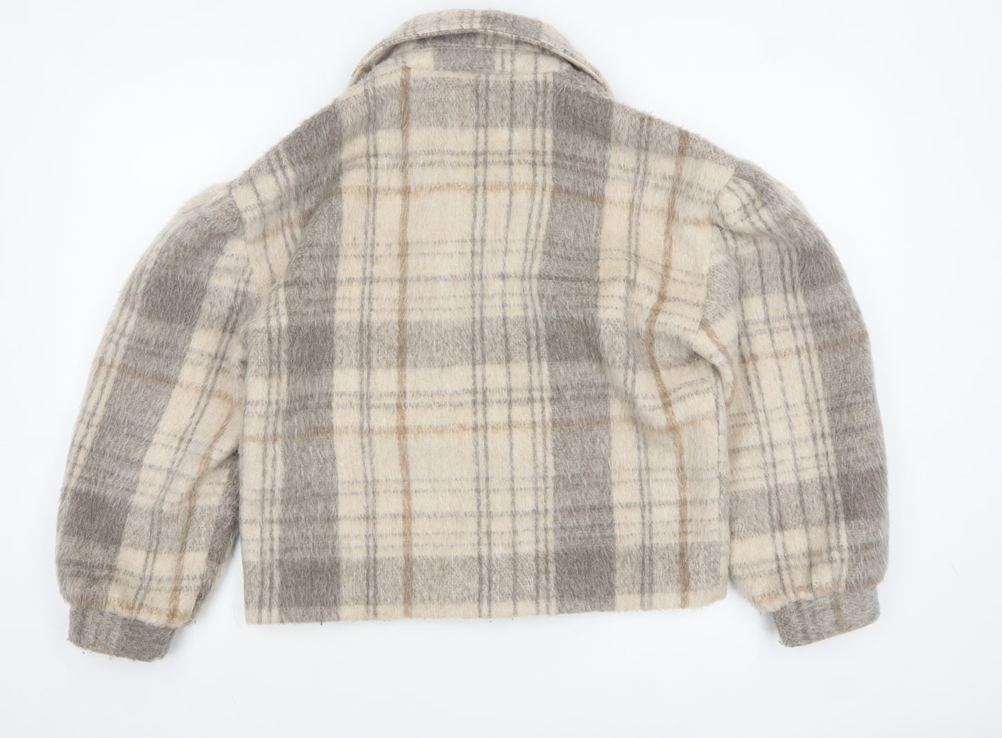 Native Youth Women Beige Checked Wool Cropped Bomber Jacket XS